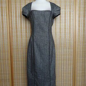 Bebe black and heather gray midi dress with ruched sleeves and lace trim